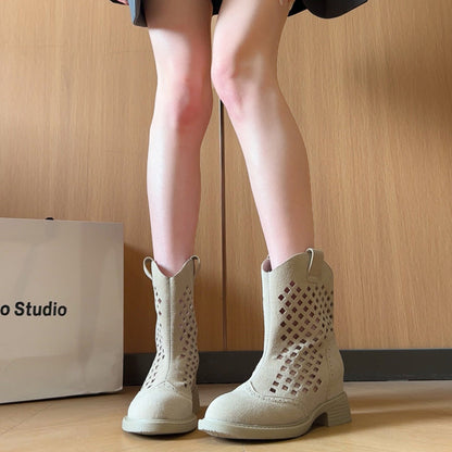Women Vintage Retro Hollow Perforated Western Cowboy Booties Matching Casual Daily