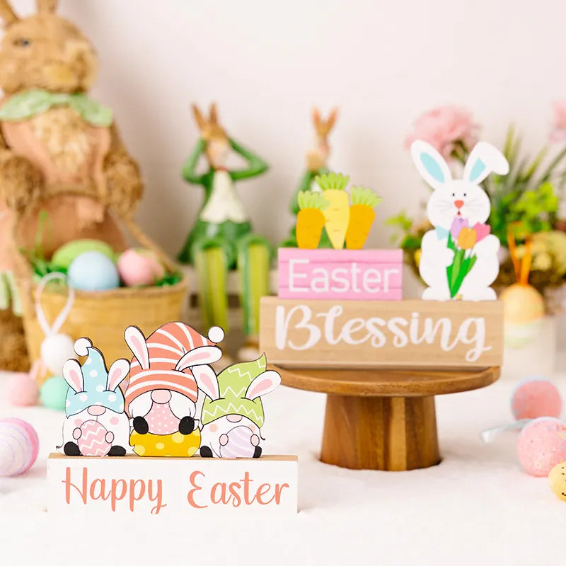 Easter Decoration Supplies Easter Rabbit Flower Hugging Wooden Ornament Rabbit Dwarf Desktop Decoration