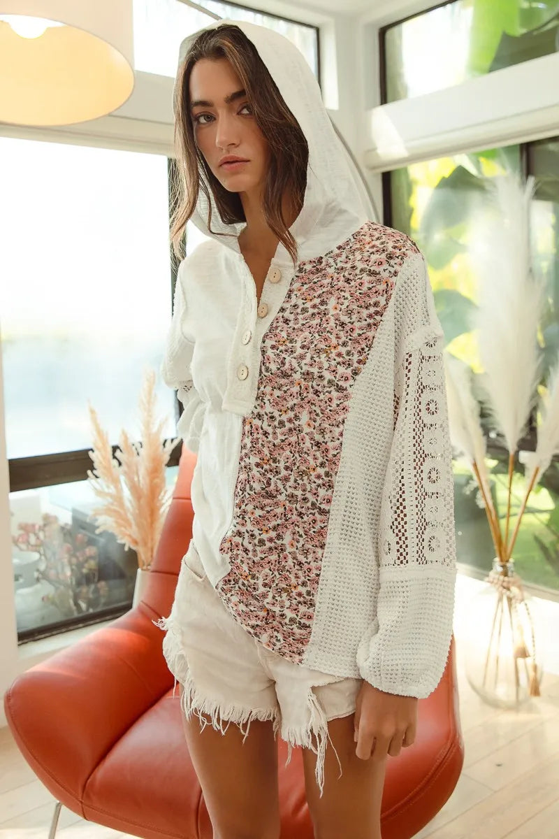 BiBi Slub Jersey with Lace Combo Buttoned Hoodie Top