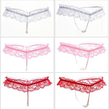 Sexy Lace Pearl Massage Opening Underpants
