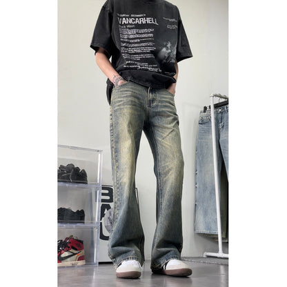 Mens American Style Retro Washed Distressed Straight Leg Jeans