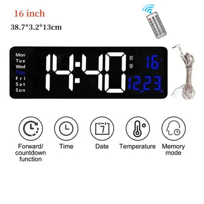 Wall Clock Digital Large LED Wall Mounted Remote Remote Control Date Week Temperature Clock Dual Alarms Gym Big Wall Clock