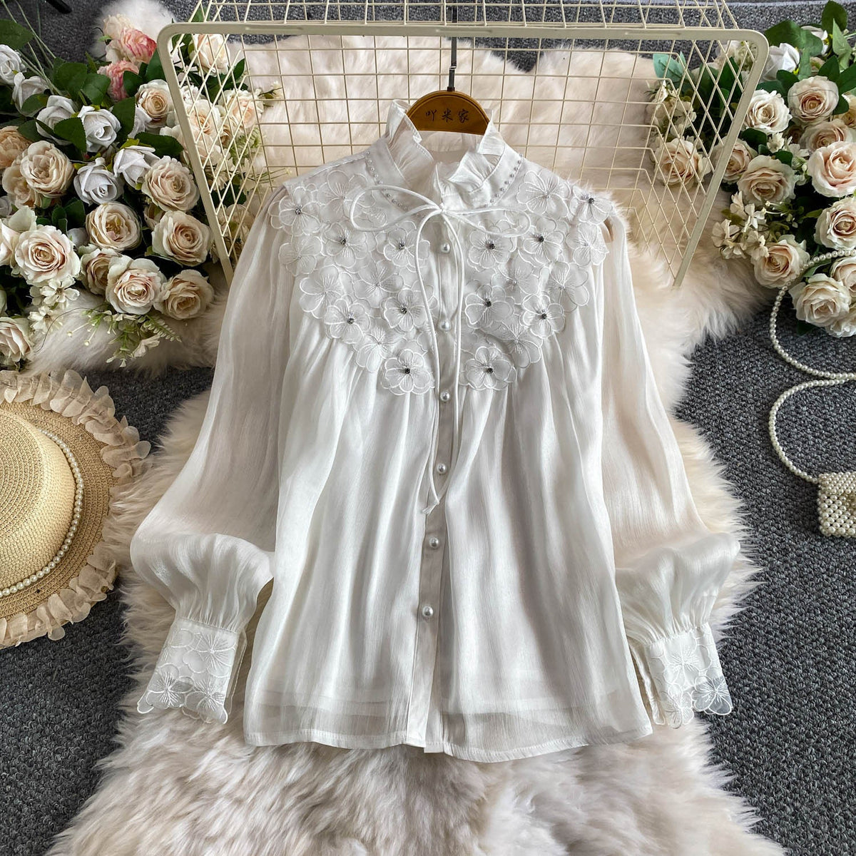 Womens Solid-color Intricately Beaded Three-dimensional Floral Ruffle-neck Blouse