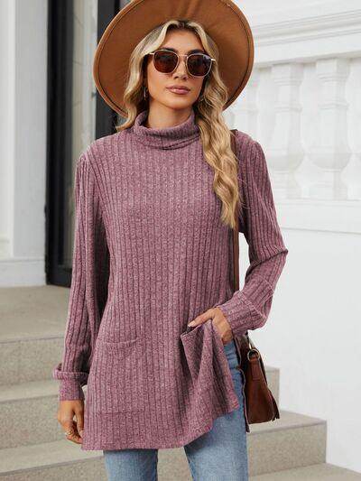 Slit Mock Neck Long Sleeve T-Shirt for Women with Pocket