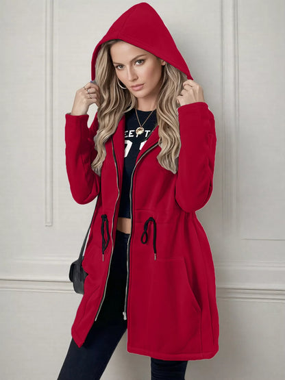 Drawstring Zip Up Hooded Outerwear
