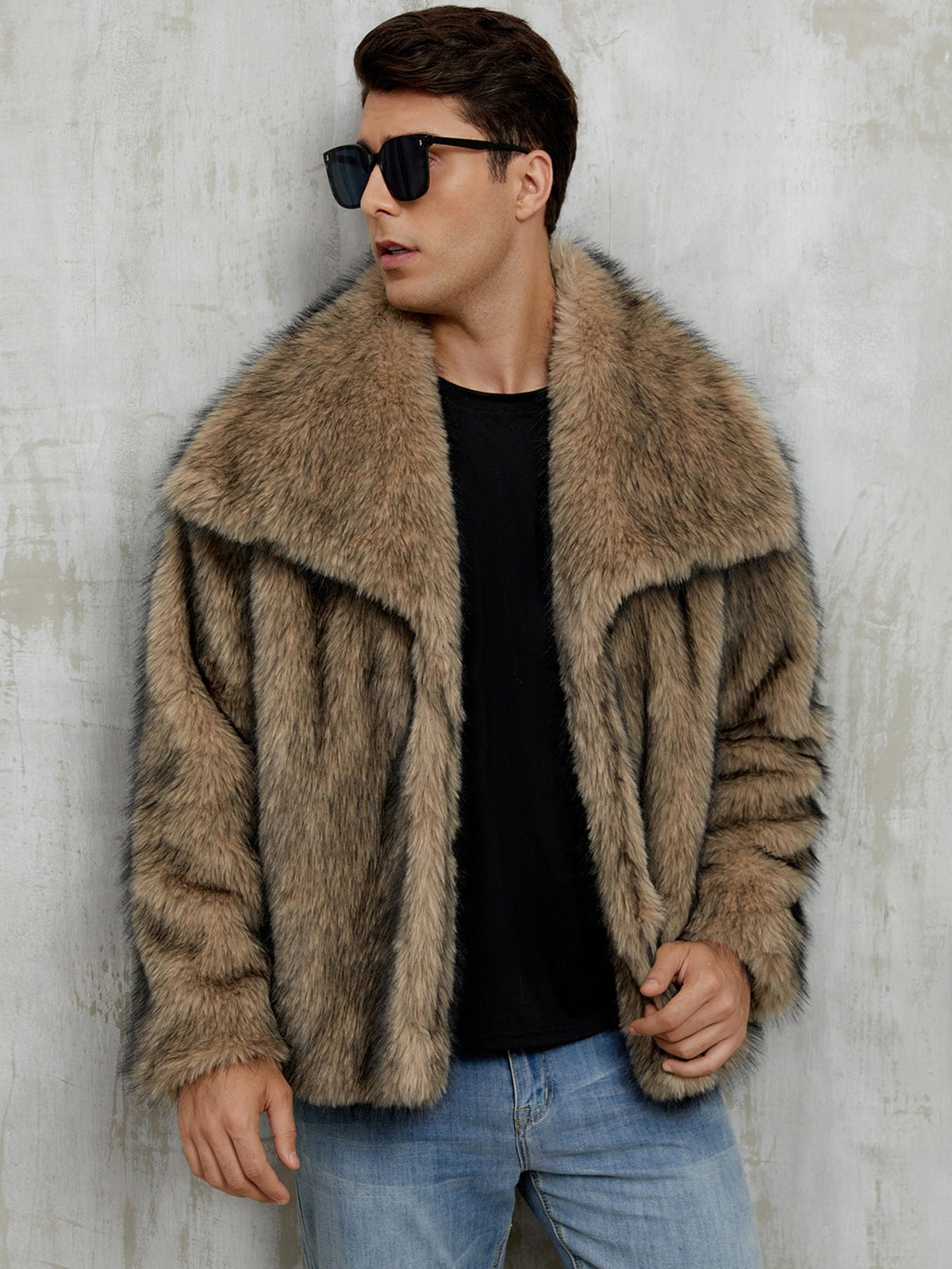 Mens Short Lapel-style Faux Fur Jacket Warm Outerwear
