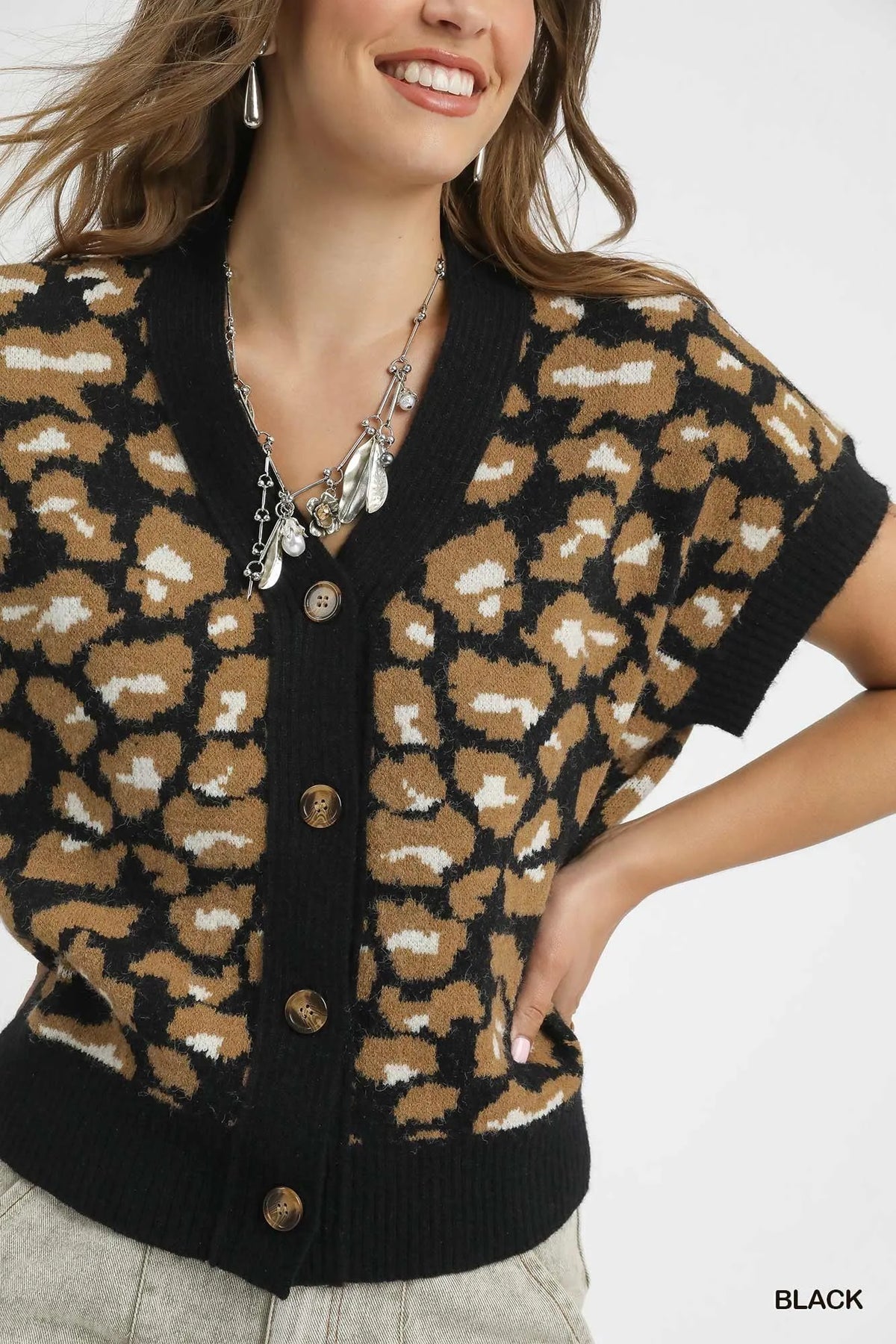 Umgee Leopard Button Down Short Sleeve Cardigan