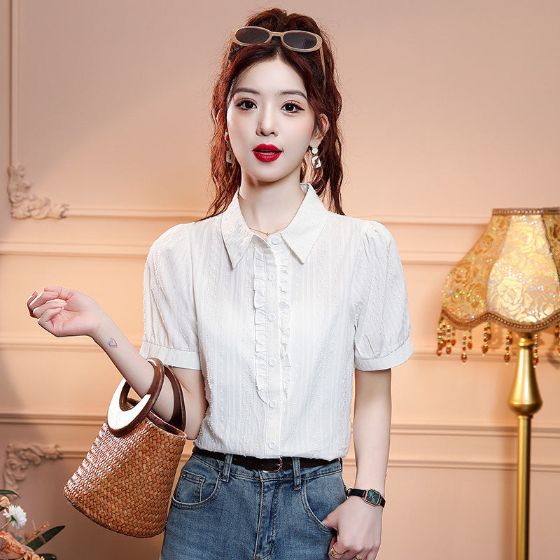 Bubble Sleeve Shirt With Lotus Leaves