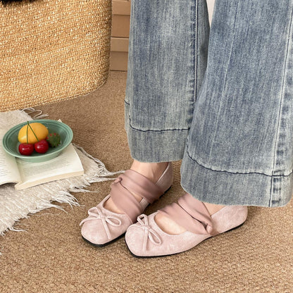 Women Fairy Sweet Double Wide Satin Crisscross Strap Mini Bow Ballet Flats