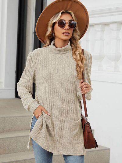 Slit Mock Neck Long Sleeve T-Shirt for Women with Pocket