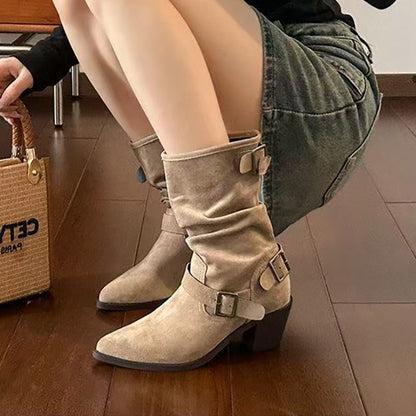 Chunky Heel Pleated Booties For Women