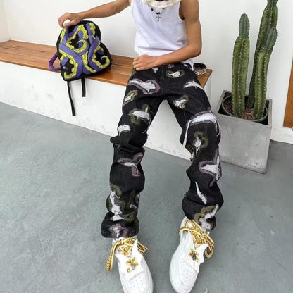 American-style Heavy-duty Distressed Patchwork Jeans
