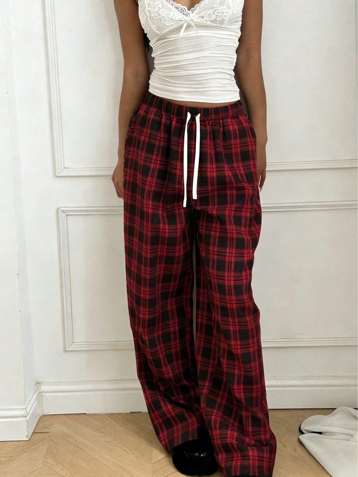 Women's Plaid Casual High-Waisted Wide-Leg Pants With Drawstring