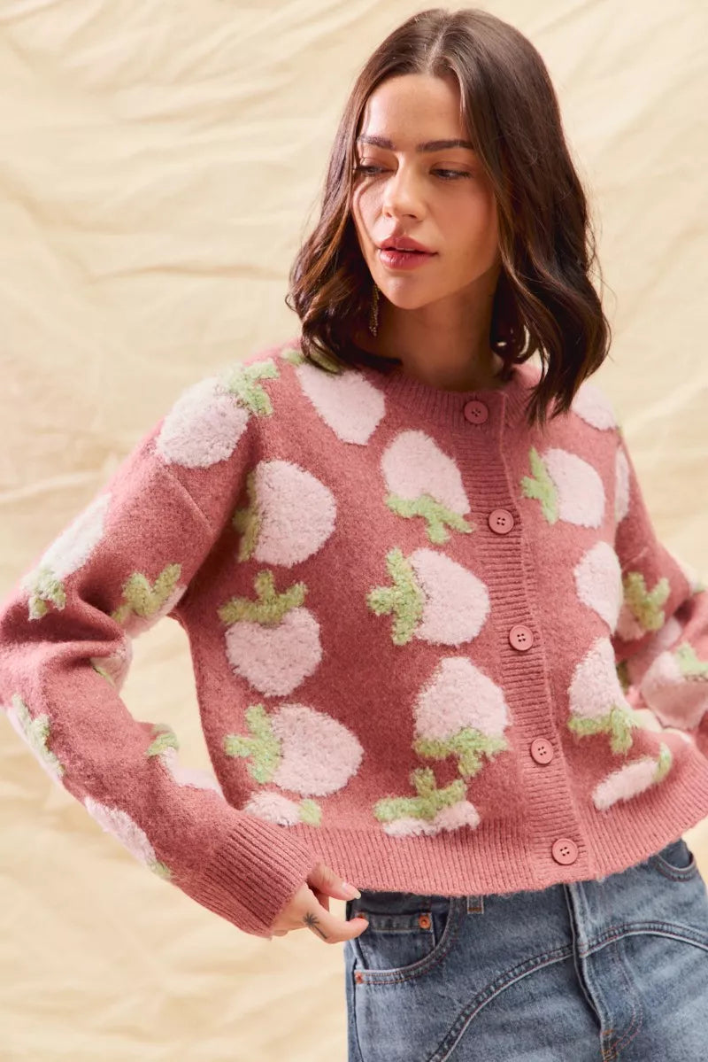 SO ME Strawberry Fruit All Over Button Sweater Cardigan