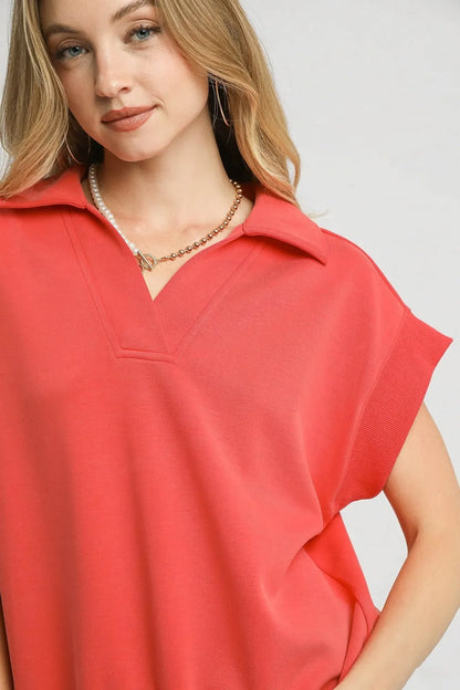 Umgee Luxe Knit Collared Short Sleeve Polo Sweatshirt
