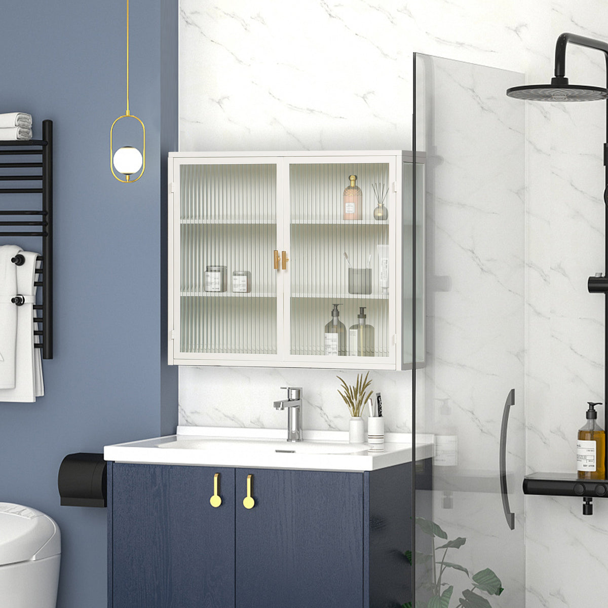 27.56"Glass Doors Modern Two-door Wall Cabinet with Featuring Three-tier White