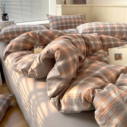 Cotton Dyed Washed Cotton Bedding Set Pure Cotton A Class Flat Sheet Quilt Cover Fitted Sheet Quilt Cover Three-Piece Set Striped