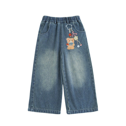 Cute Bear-Print Wide-Leg Stretch-Waist Casual Denim Pants For Kids