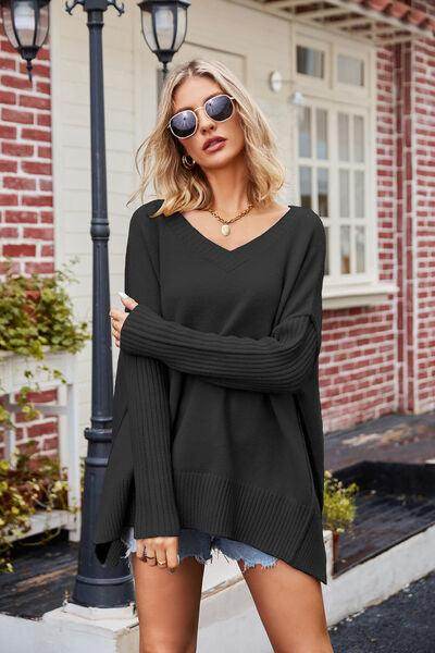 Slit V-Neck Dropped Shoulder Sweater for Effortless Style
