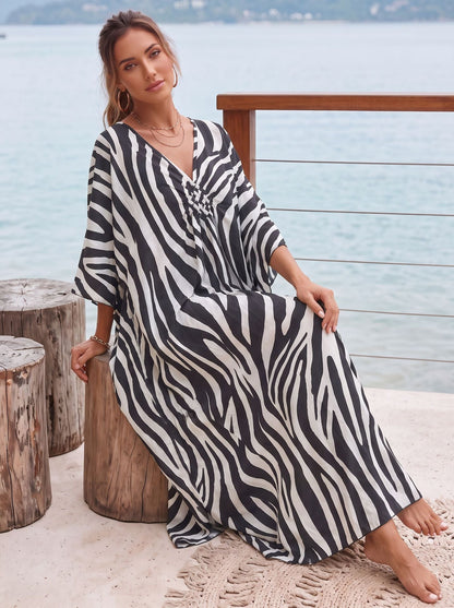 Zebra Printing Beach Cover-ups V-Neck Batwing Sleeves Summer Caftan Dress