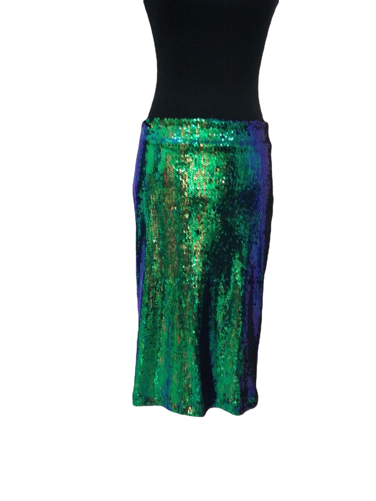 Illusion-Iridescent Laser-Green Sequined Bodycon Midi Skirt