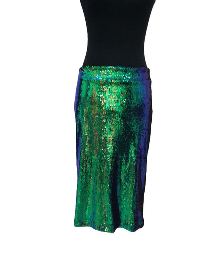 Illusion-Iridescent Laser-Green Sequined Bodycon Midi Skirt