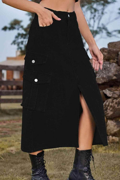 Slit Front Midi Denim Skirt with Pockets for Women