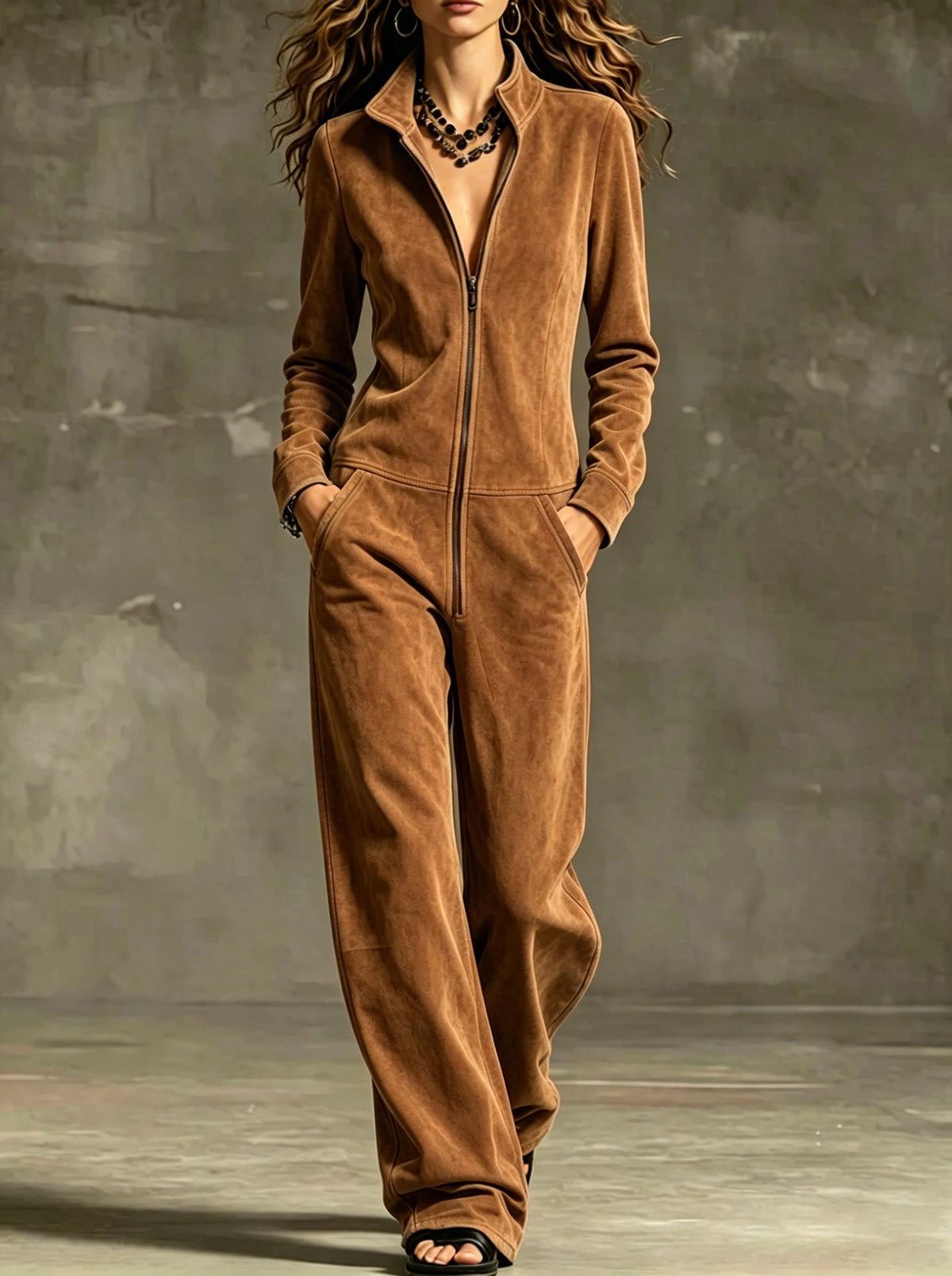 Womens Wide-leg Jumpsuit With Zip Pockets