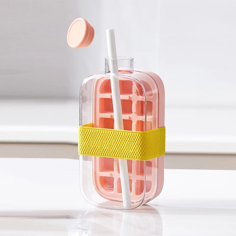 Ice Tray Ice Cube Mold Press Ice Maker With Lid 2-in-1 Ice Cube Bottle Food Grade Ice Making Straw Dual-use Ice Kettle