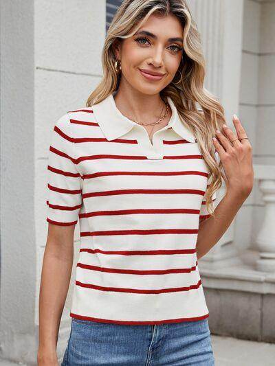 Striped Johnny Collar Short Sleeve Sweater for Women