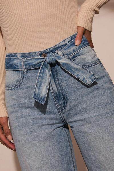 Tied Wide Leg Jeans with Pockets for Stylish Comfort