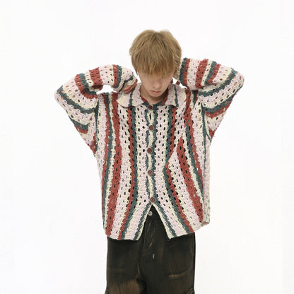 Rainbow Bar Contrast Color Hollow Knitted Cardigan
