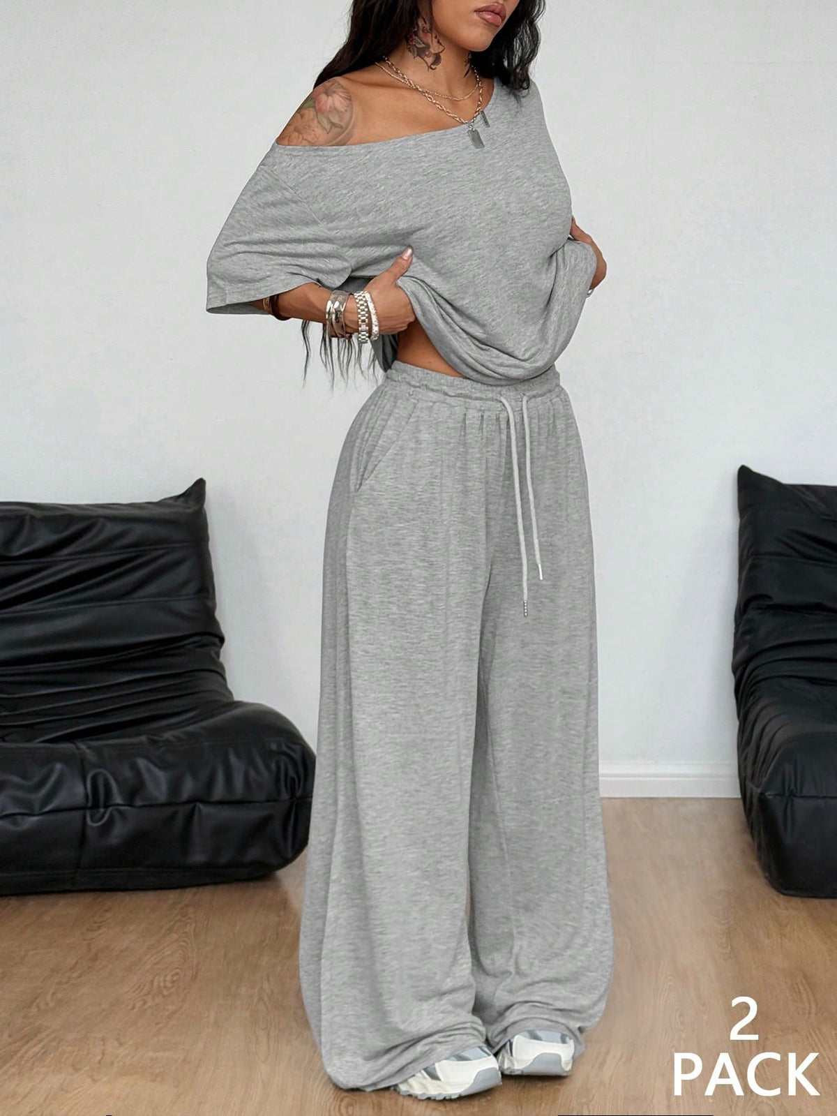 SpringSummer Women's Casual Solid-Color Sports Two-Piece Set