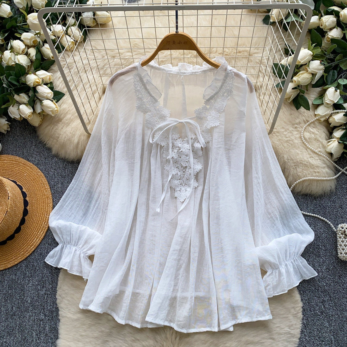 Womens Solid-Color Silk-Panel V-Neck Lace-Up Shirt