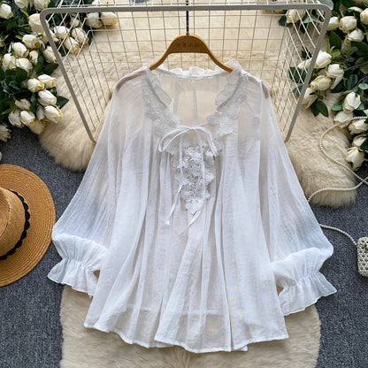 Womens Solid-Color Silk-Panel V-Neck Lace-Up Shirt