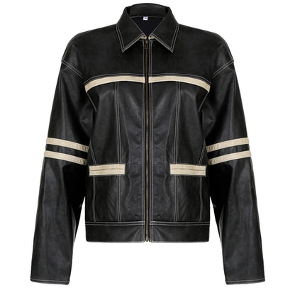 Women's Retro Contrast Color Split Leather Coat