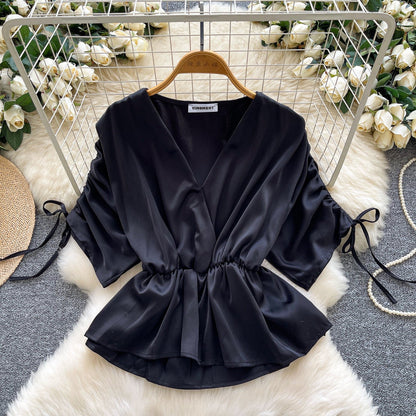 Women's Versatile Drawstring Short-sleeve Waist-cinching Satin Blouse