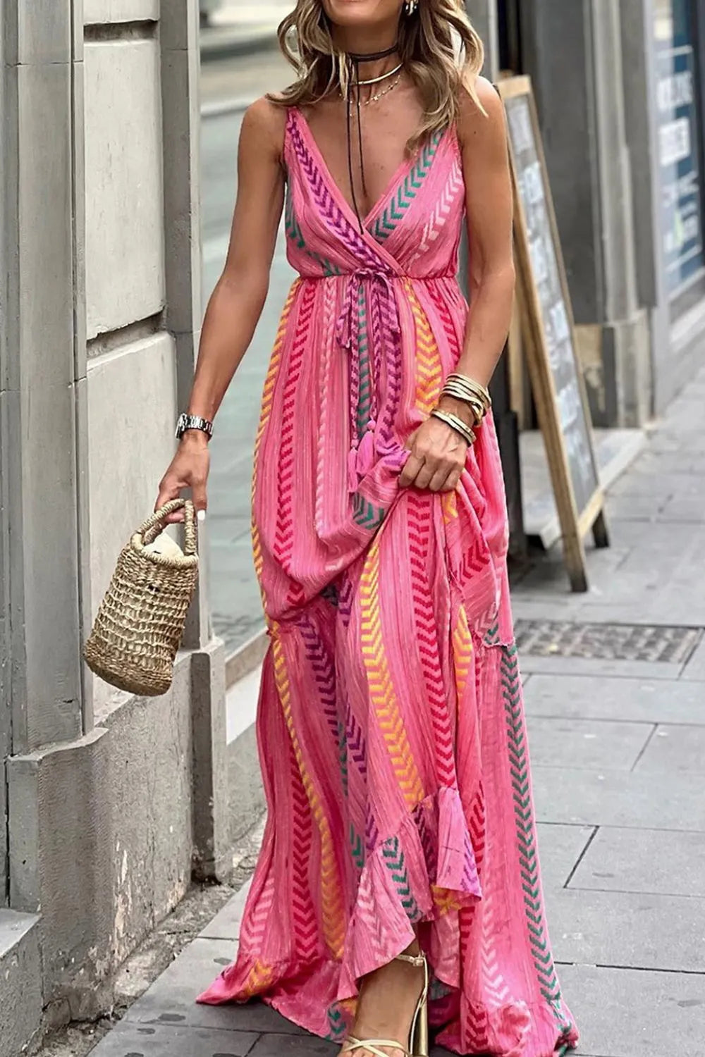 Printed Surplice Maxi Cami Dress