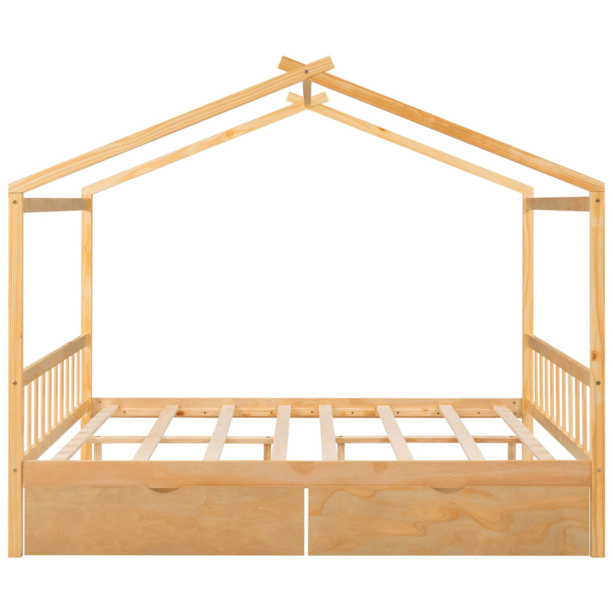 Full Size House Platform Bed with Two Drawers,Headboard and Footboard Roof Design Natural