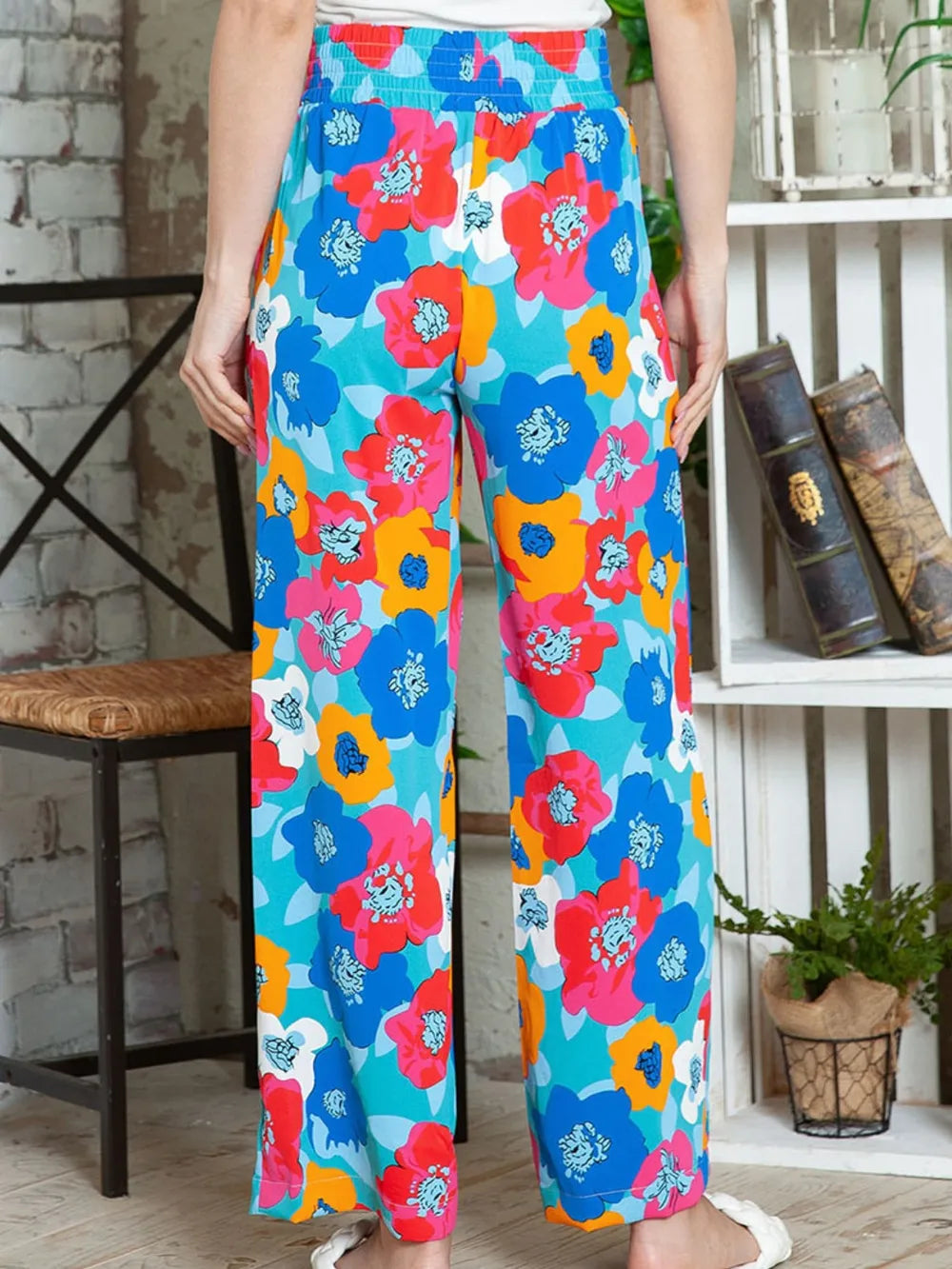 Personalized floral print high waisted straight leg pants for women
