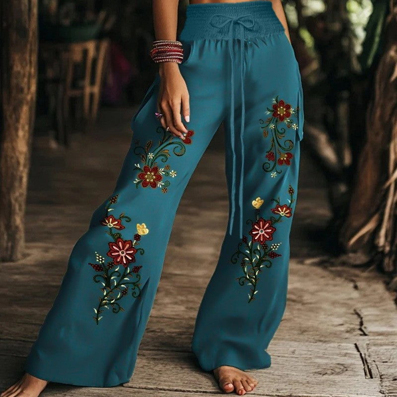 2026 European American Boho  Wide Leg Pants Women Elastic Drawstring High Waist Casual Trousers With Pockets