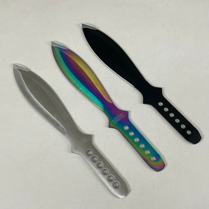 3 Piece Throwing Knife Set W/Sheath 9" Rainbow, Black, Silver Blades TK-114-3MX