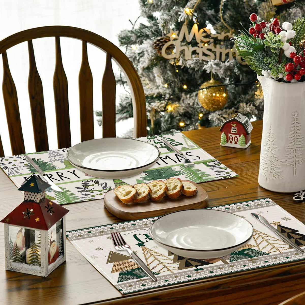 Christmas linen placemat Christmas tree print kitchen and restaurant decoration table mat