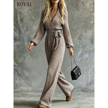 Womens Casual Belted V-neck One-piece Jumpsuit With A Fitted Waist