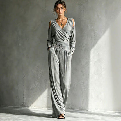 Long-sleeve Waist-cinched Pleated Casual Jumpsuit