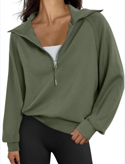 Women's Short Stand-collar Half-zip Fleece-lined Solid-color Sweatshirt