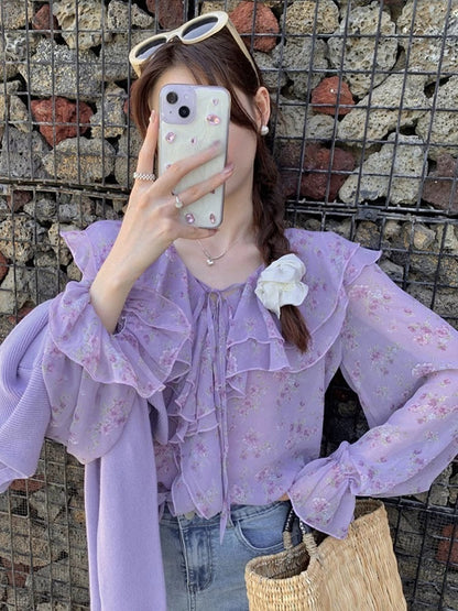 Womens Versatile Floral-print Bow-tie Lace-up Blouse