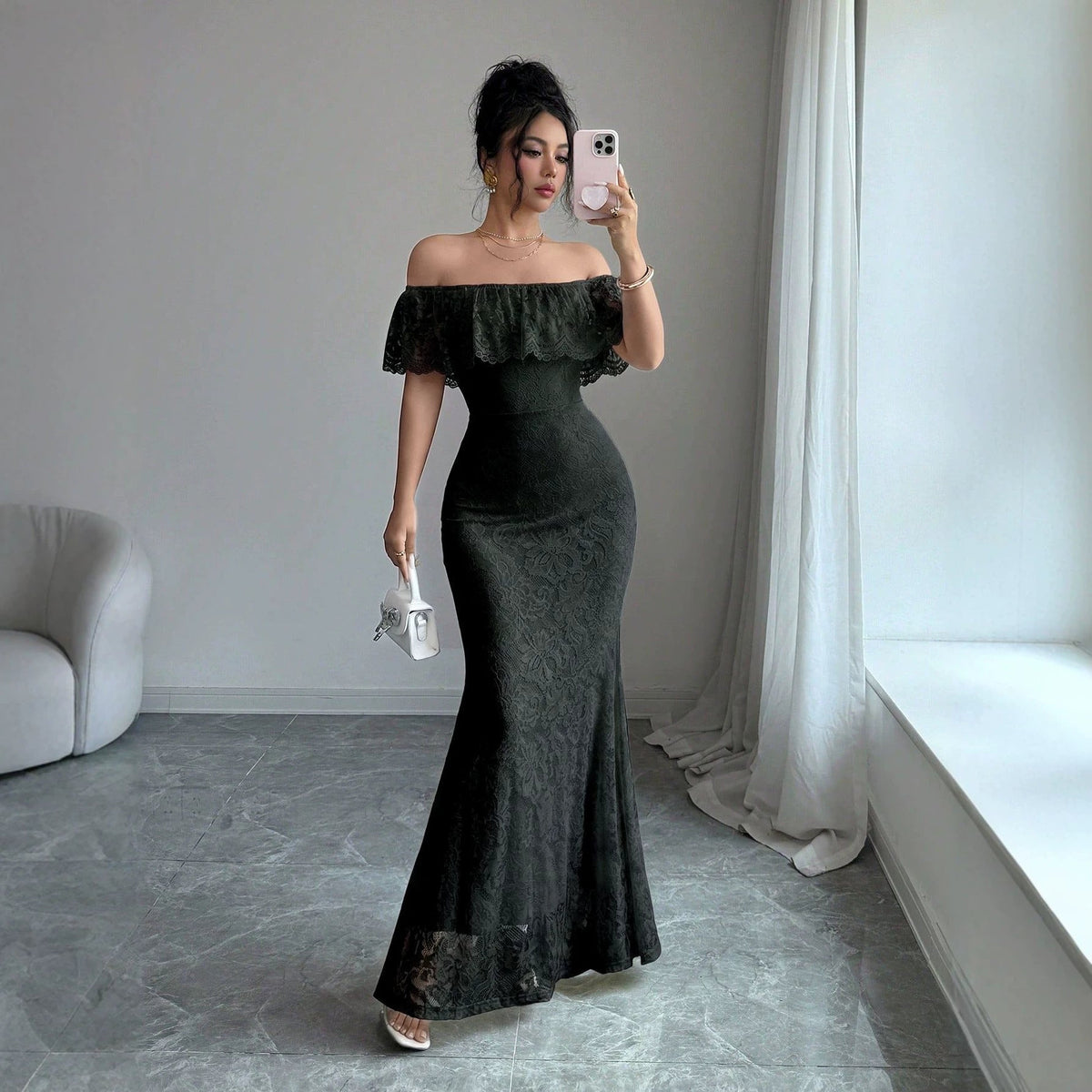 Autumn Elegant Off-shoulder Lace-panel Dress With A Flounced Hem