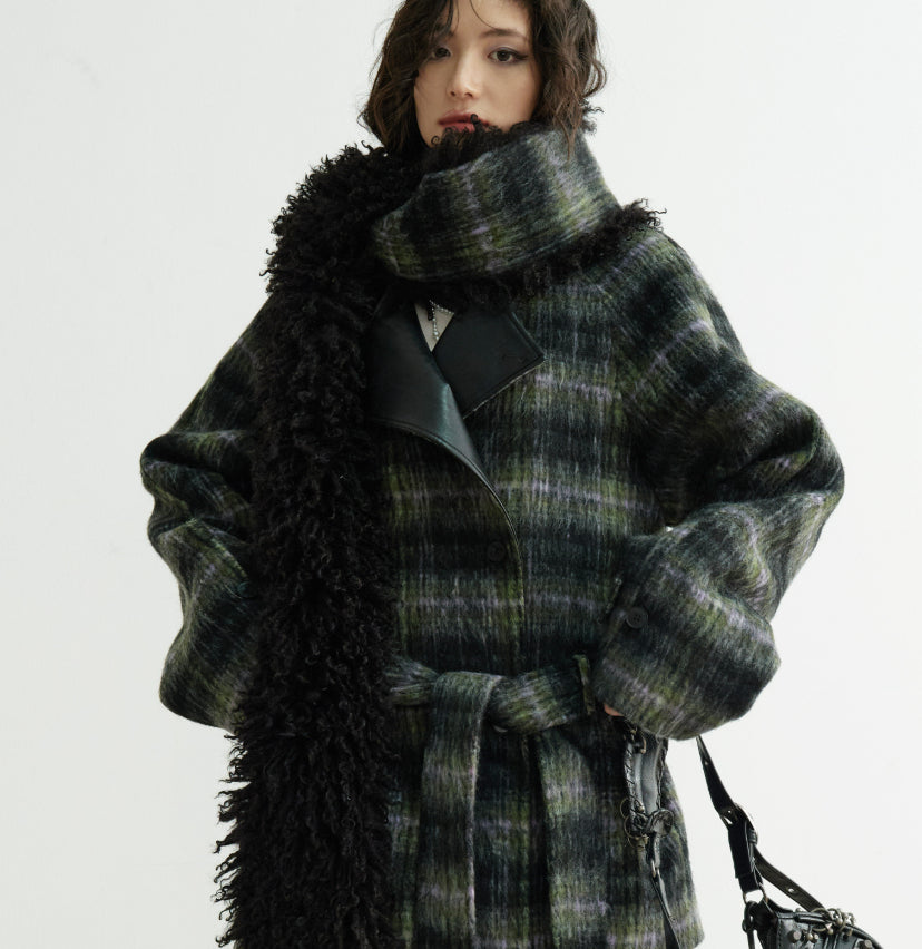 Extra-long Fluffy Scarf-style Plaid Mixed-color Wool Coat