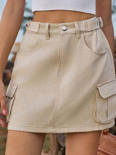 Adjustable Waist Denim Skirt with Pockets for Women